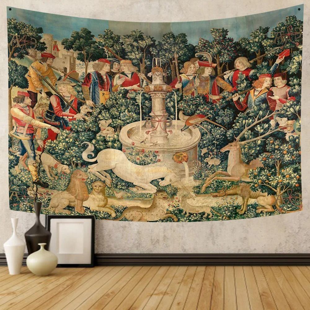 Medieval Mythical Tapestry European Classic Unicorn and Lion Pattern Wall Hanging for Bedroom Living Room Decor