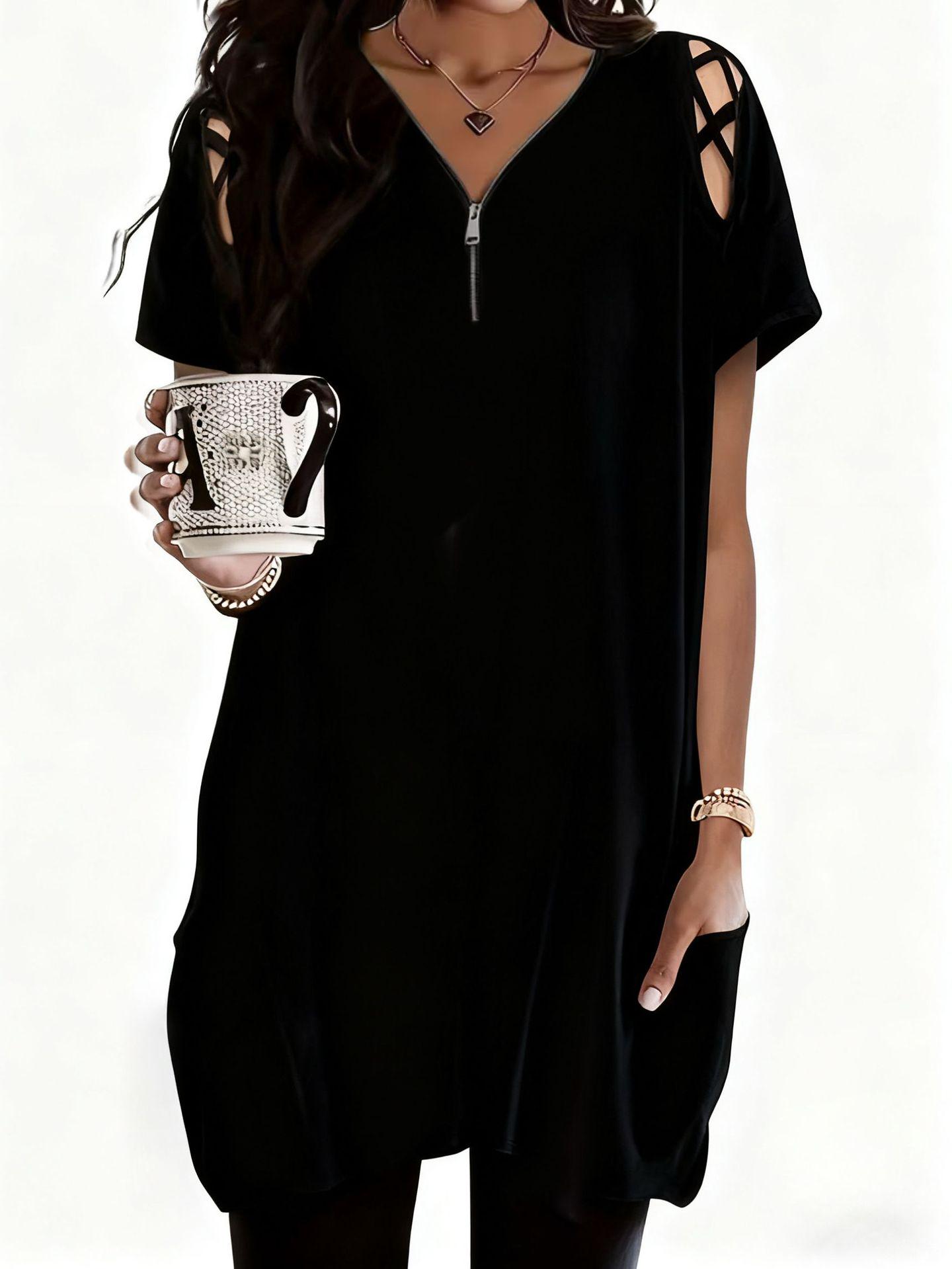 2026 Summer European & American Plus Size Women s Loose Hollow Sleeve V-neck Zipper Crossover T-shirt XL чёрный