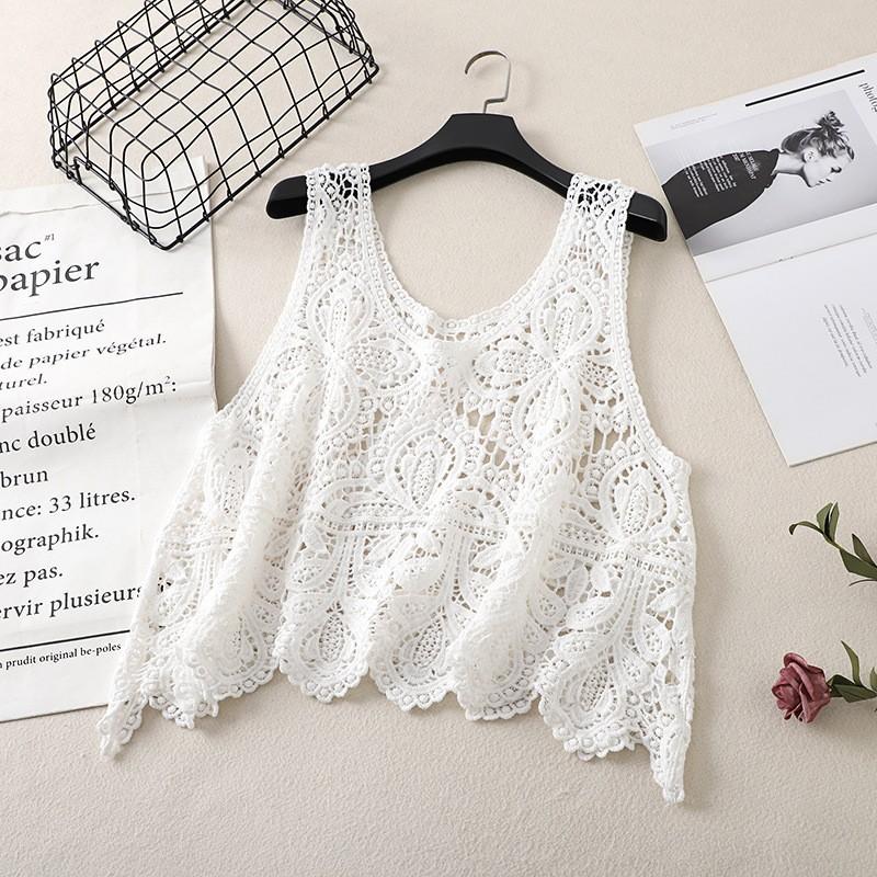 Literary and Artistic Solid Color Three-dimensional Hook-up Embroidered Lace Small Vest Large Size Women's Sleeveless Round Neck Casual Outer