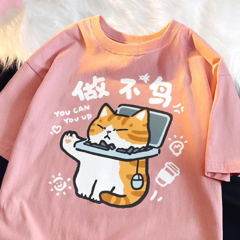 Cat Funny Printed American Retro Street Versatile Loose Short Sleeved T-shirt Trend Woman Summer Clothing