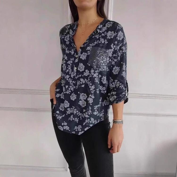 Spring Summer Sequin Pocket Print Shirt Women Loose Casual Long Sleeve XL