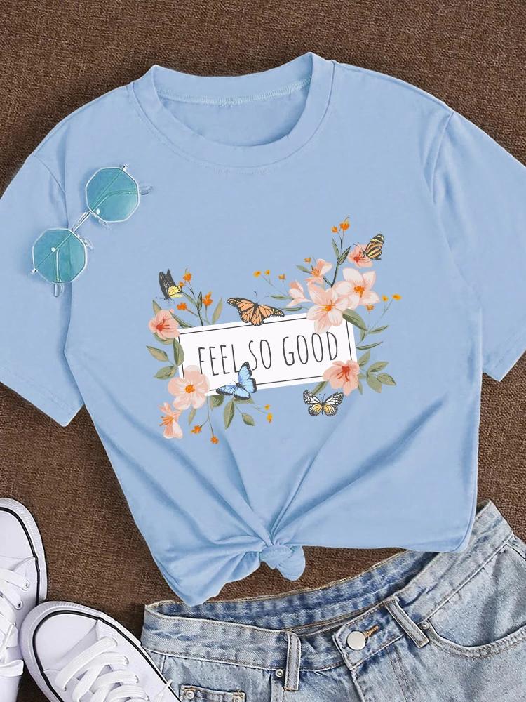 

Feel So Good Цветочный принт с бабочками Женская футболка с коротким рукавом и круглым вырезом Свободная женская футболка Женская футболка Топы Camisetas Mujer L небесно-голубой