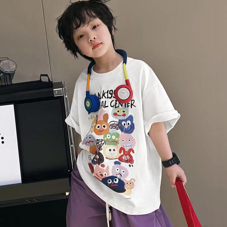 

Мальчиковая мультяшная хлопковая футболка с коротким рукавом – Корейский стиль, свободная и трендовая для детей 150cm