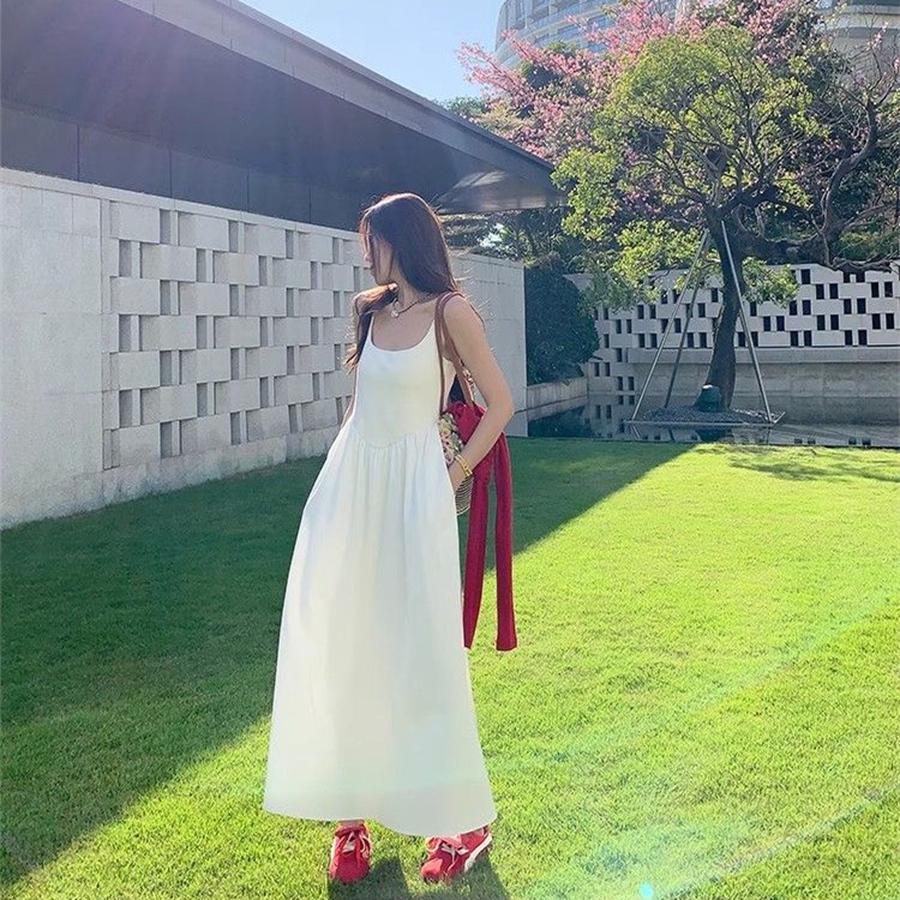 Solid Color Sling Dress for Girls Summer New Style Slim Fit Gentle French Lolita Spring White Long Dress