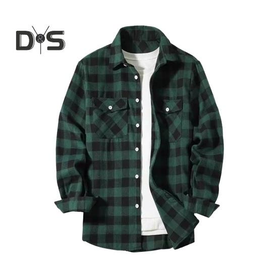 Fall Winter Men Shirt Coat Plaid Print Long Sleeves Chest Pocket Turn-down Collar Single-breasted Loose Contrast Color Jacket