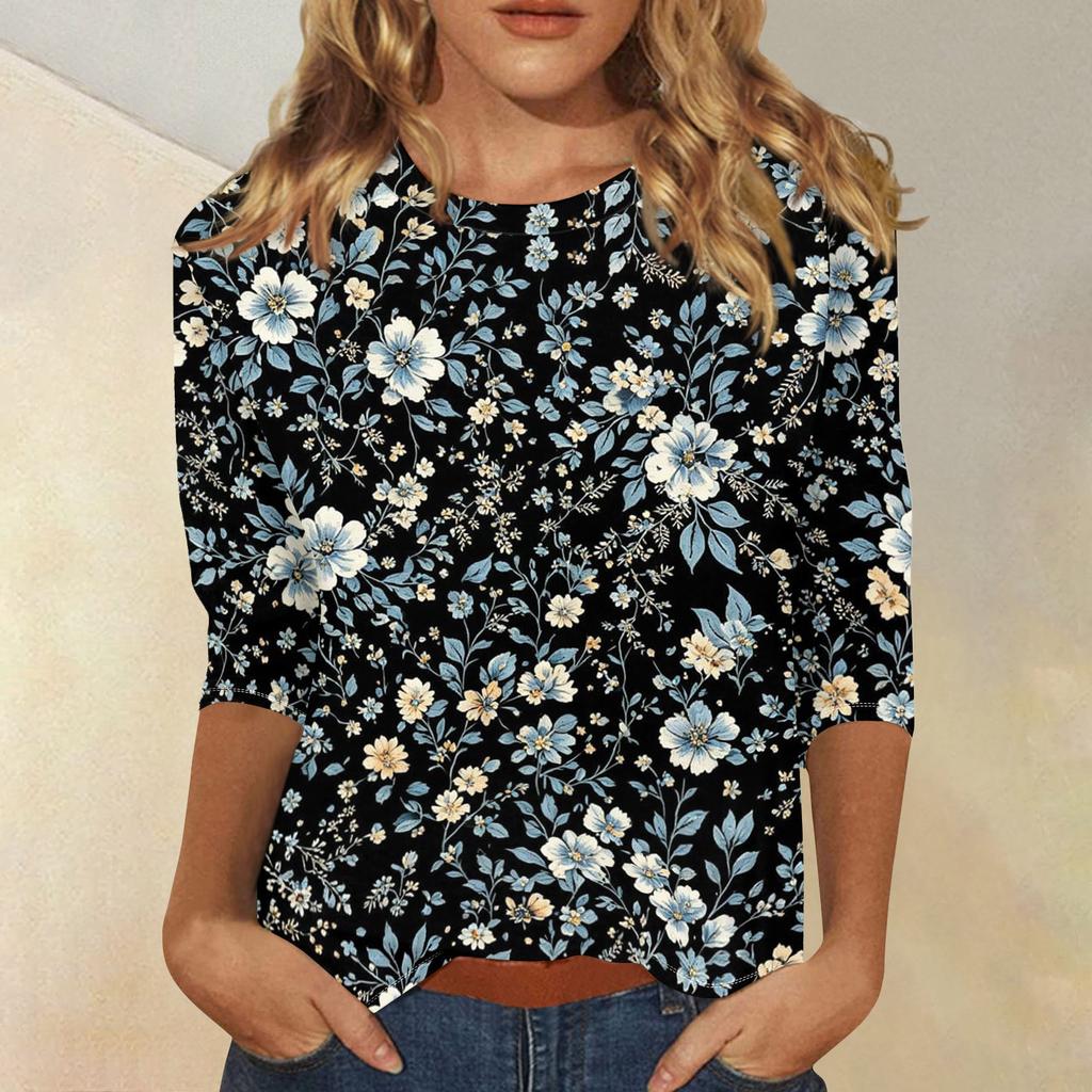 Women’s Casual Three Quarter Sleeve Floral Print Crew Neck Top Loose Fit Lightweight Comfortable Blouse for Daily Wear