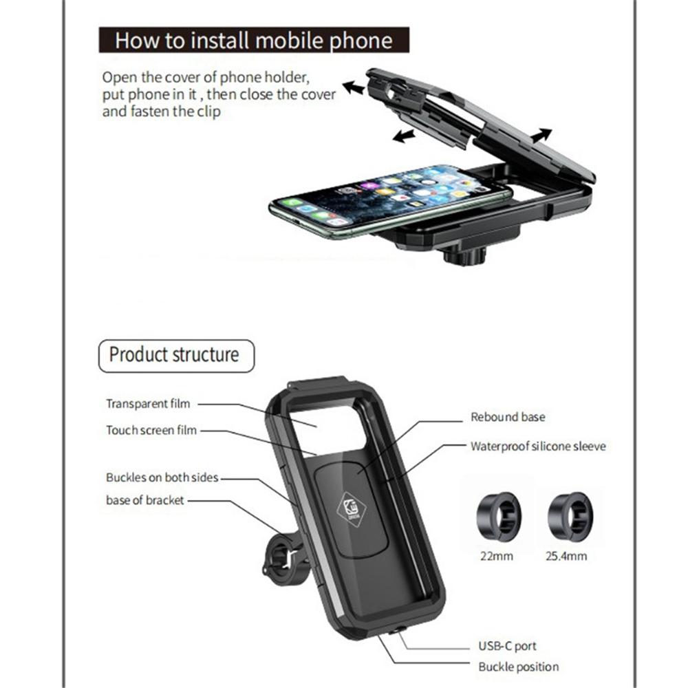 Black Motorcycle Bike Handlebar Phone Case Holder Stand Touch Screen Waterproof