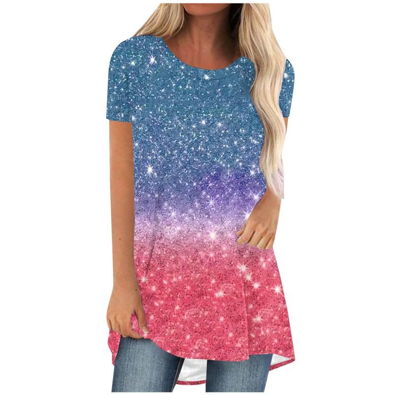 Womens Casual Short Sleeve T-Shirt With Starry Sky Digital Print Loose Fit Long Length Top 2025