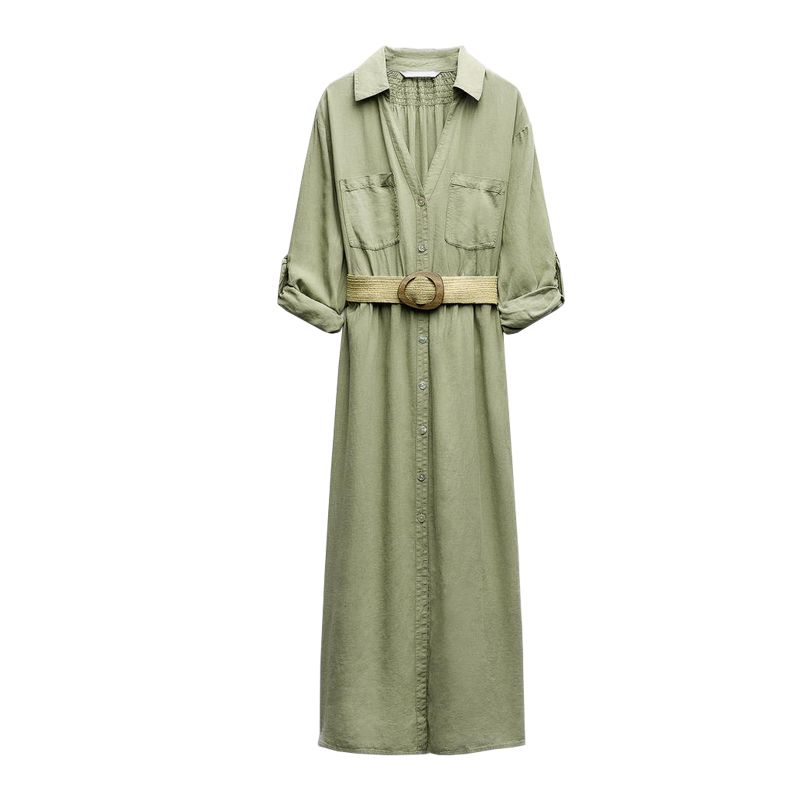 

Spring and Summer New Casual V-neck Hemming Sleeve Jute Belt Shirt Style Dress 8372077 4387062 Khaki L