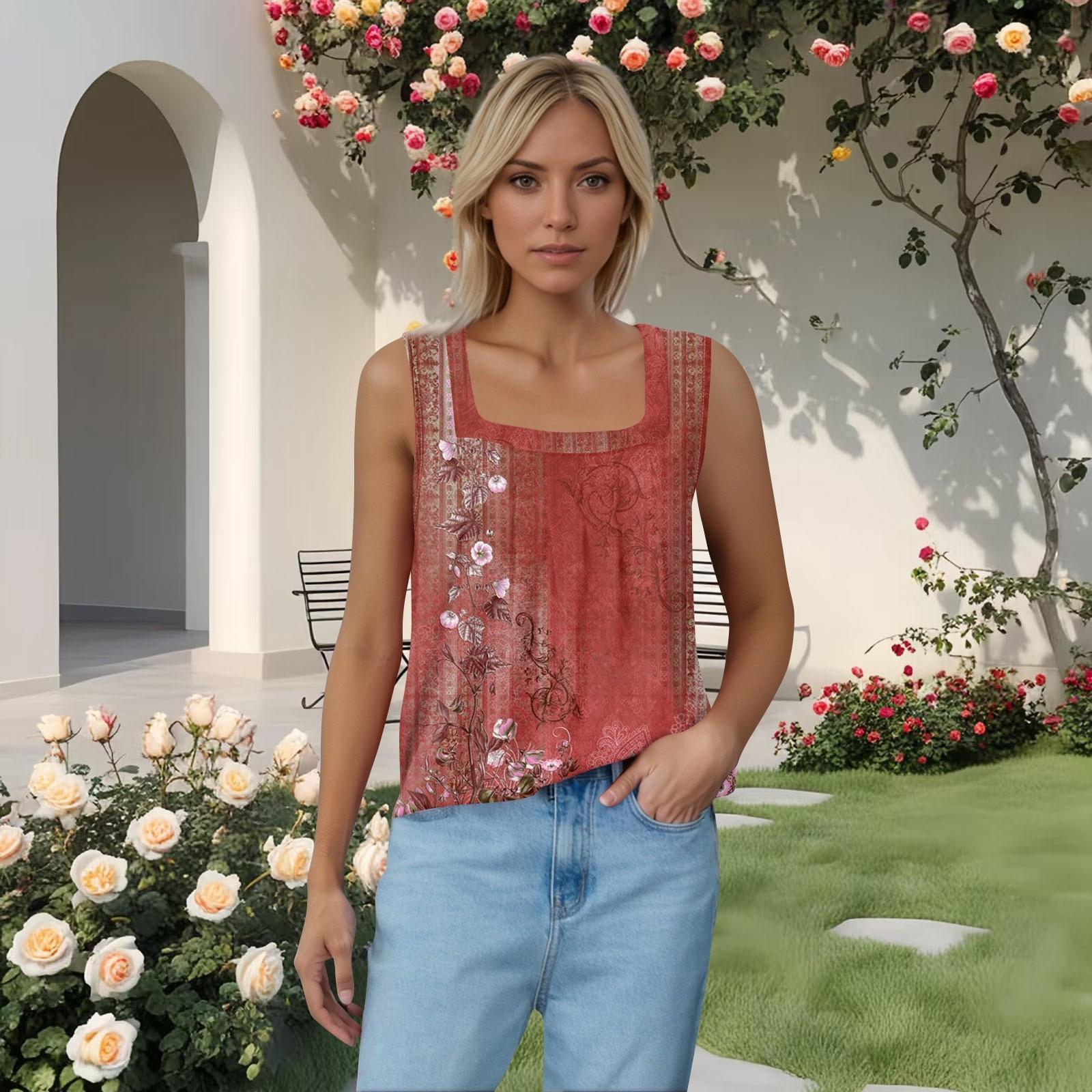 

Женская плиссированная футболка без рукавов с квадратным воротником и принтом XL красный