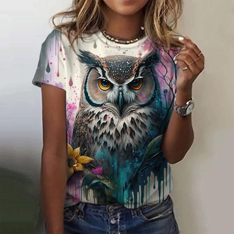 Colorful owl pattern women's T-shirt fun animal 3D printing short sleeved summer loose T-shirt round neck top T-shirt street wear