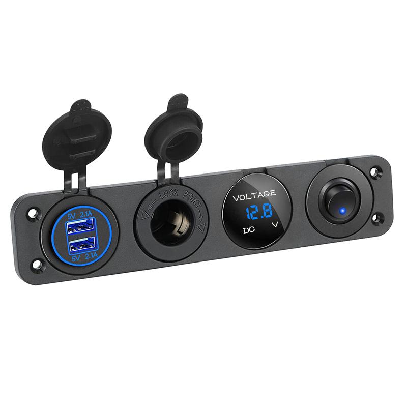 4 az 1-ben tengeri kapcsolópanel 12 V-os kettős USB töltőaljzat tápcsatlakozóval LED voltmérő aljzat BE/KI gomb kapcsoló