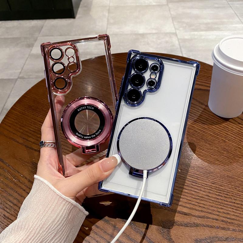 Do Samsung Galaxy S24 S23 S22 Ultra galwanizowany stojak magnetyczny cztery rogi poduszka powietrzna odporny na upadek przezroczysty futerał ochronny