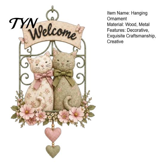 Wood And Metal Wall Decor Floral Cat Couple Welcome Sign, Wooden Hanging Ornament, Pastoral Garden Balcony Ornaments Art Plaque for Living Room