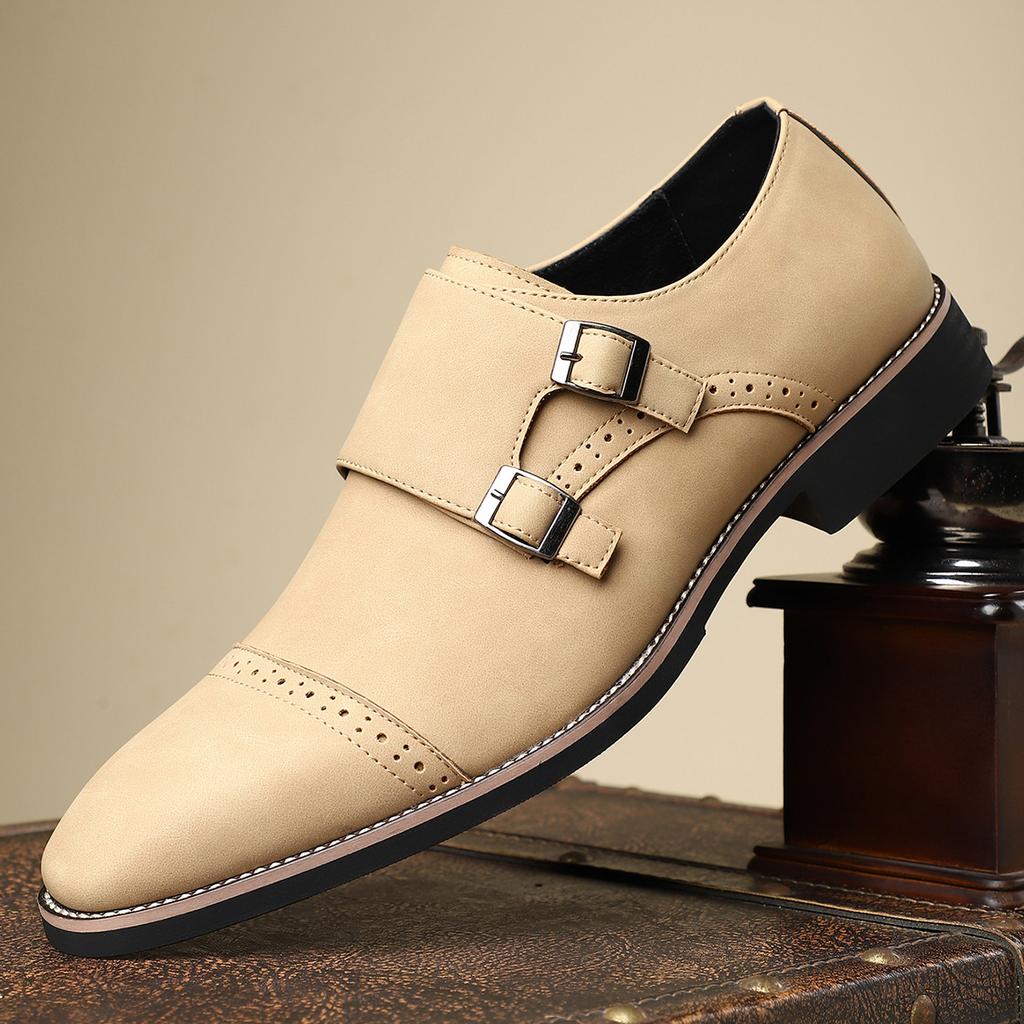 Large size men's business casual leather shoes dress buckle shoes British style fashion trend pointed versatile men's shoes