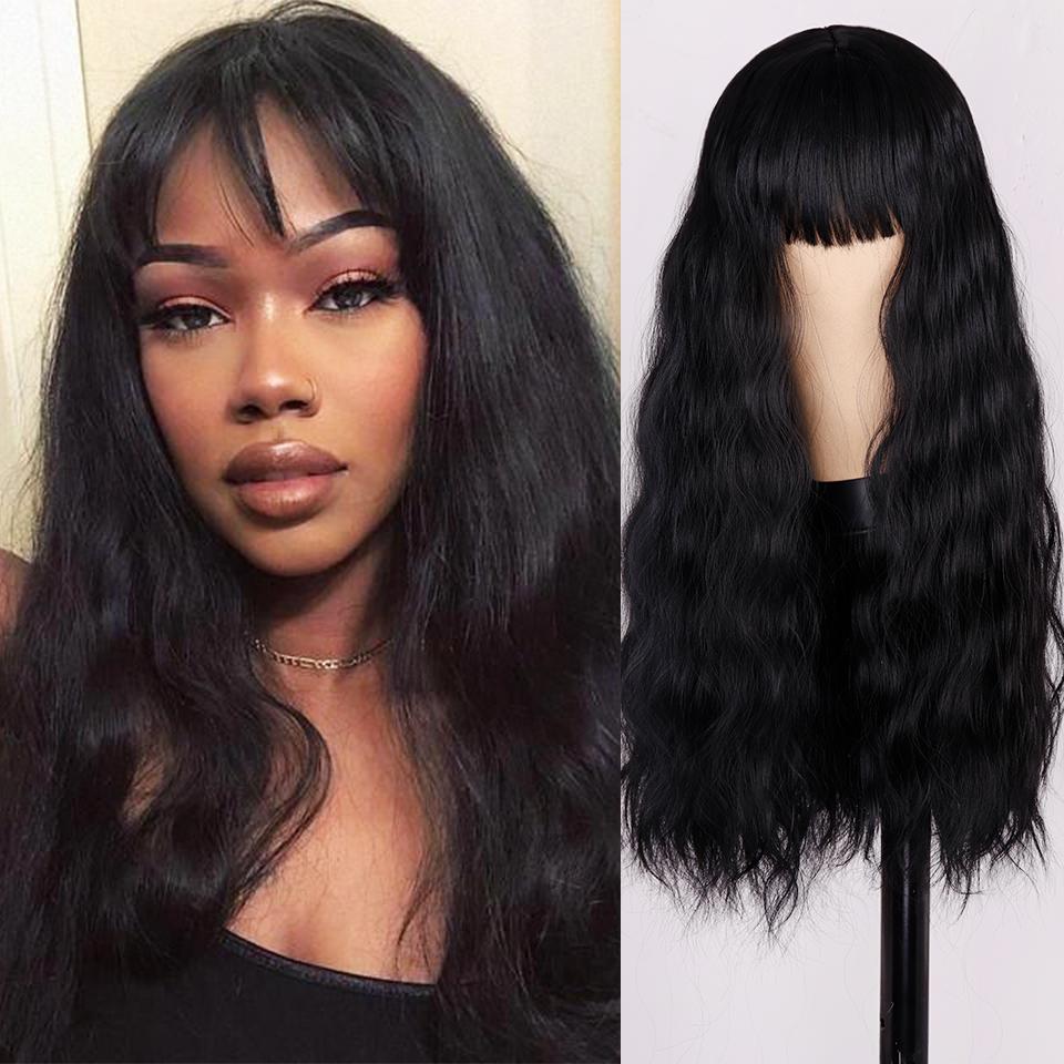 

MISS WIG Черный парик с глубокими волнами, парик из синтетических волос с челкой, женский парик, термостойкий парик 24 дюйма, косплей