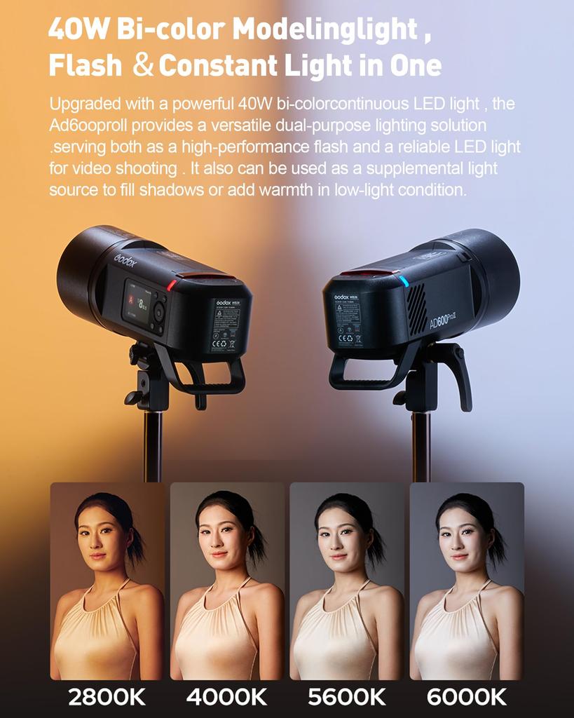 Godox AD600PRO II 600W Flash Professional Bowens High Speed Sync with X3 Trigger 40W Dual Color Modeling Light - Mount, Sync, One-Tap -