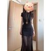 Black Mesh Splicing Dress Women's Summer New Design Sense Niche Spice Girl Temperament Slim-fitting Hip-wrapped Dress