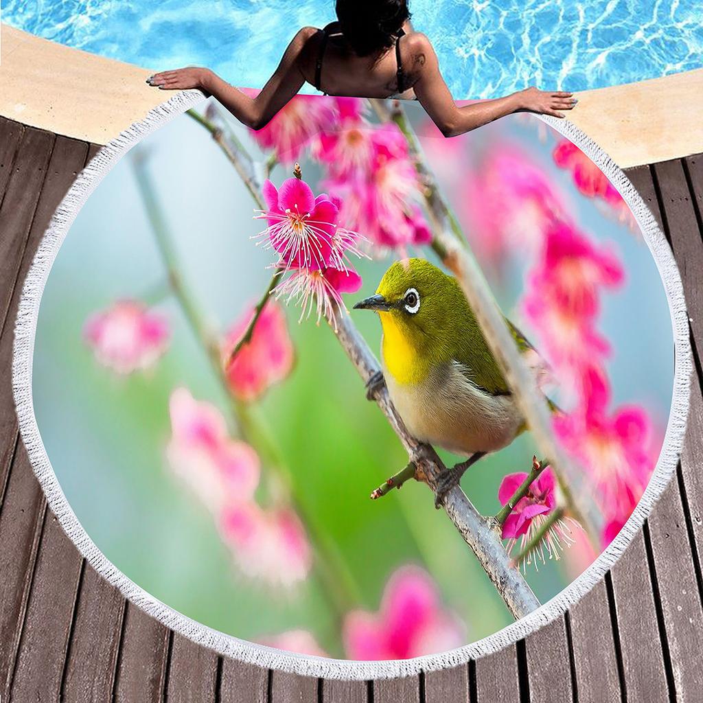 Bird Flower Print Round Beach Towel Microfiber Circle Bath Towels Quick Dry Absorbent Pool Towels Sand Free Shawl Beach Blanket