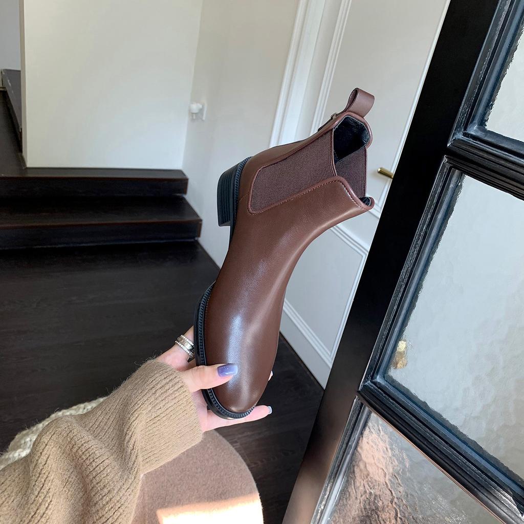 Cowhide version, autumn and winter velvet round head small thick heel leather elastic boots cigarette holder Chelsea short boots women