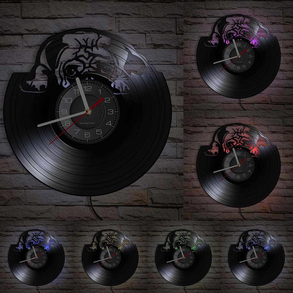 English Bulldog Wall Clock British Dog Breeds Vinyl Record Wall Clock Love My Bulldog Puppy Pug Pet Shop Wall Decor Clock Gift