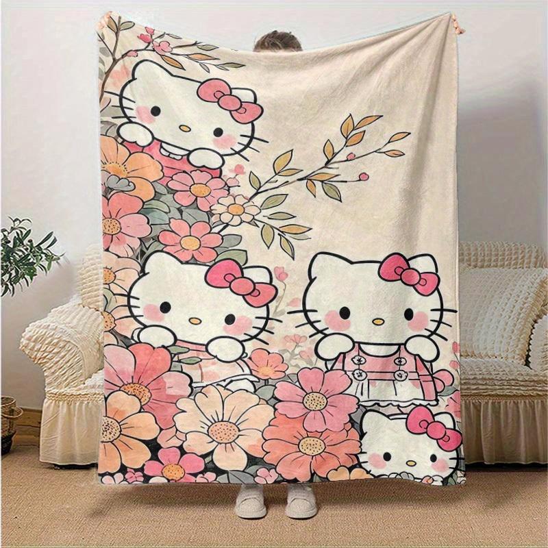 

1pc Sanrio Charming Hello Kitty Floral Home Decor Blanket: Perfect Gift for Bedroom, Living Room, Travel, Camping, Car, Beach & Office Naps, Soft Flan 130x150cm