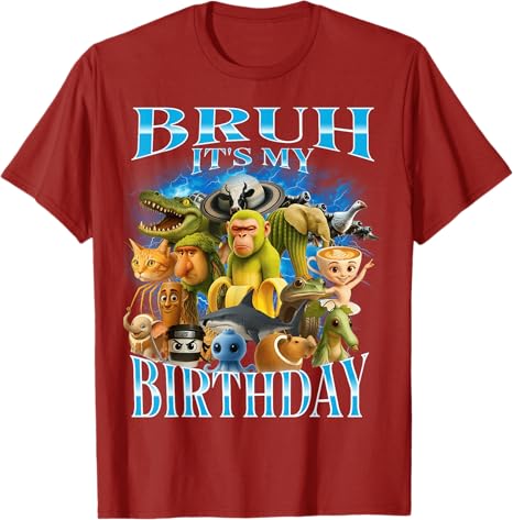 Bruh Its My Birthday Funny Brainrot TShirt AI Viral Meme Characters Y2k Aesthetic Clothes Novelty Saying Tee Birthday Gifts S