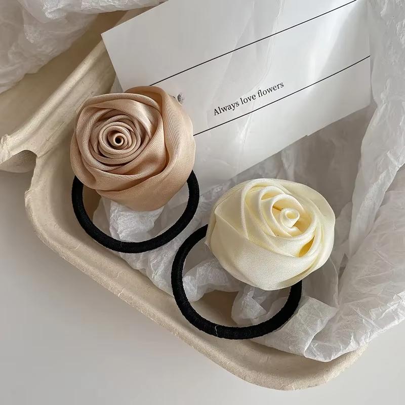 Fabric Rose Flower Hairbands Women Girls Elegant Elastic Rubber Bands Hair Ropes Headdress Satin Floral Rubber Bands