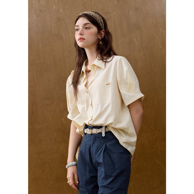 MiXiu Women's French Retro Tencel Cotton Short-Sleeve Shirt