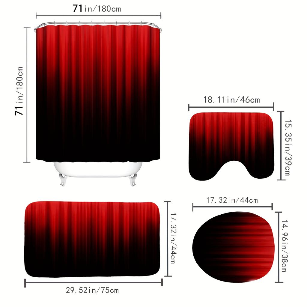 4-częściowy wodoodporny czerwony i czarny zestaw łazienkowy z antypoślizgowym dywanikiem, zasłoną prysznicową, pokrywą deski sedesowej i matą toaletową - kompletny wystrój łazienki