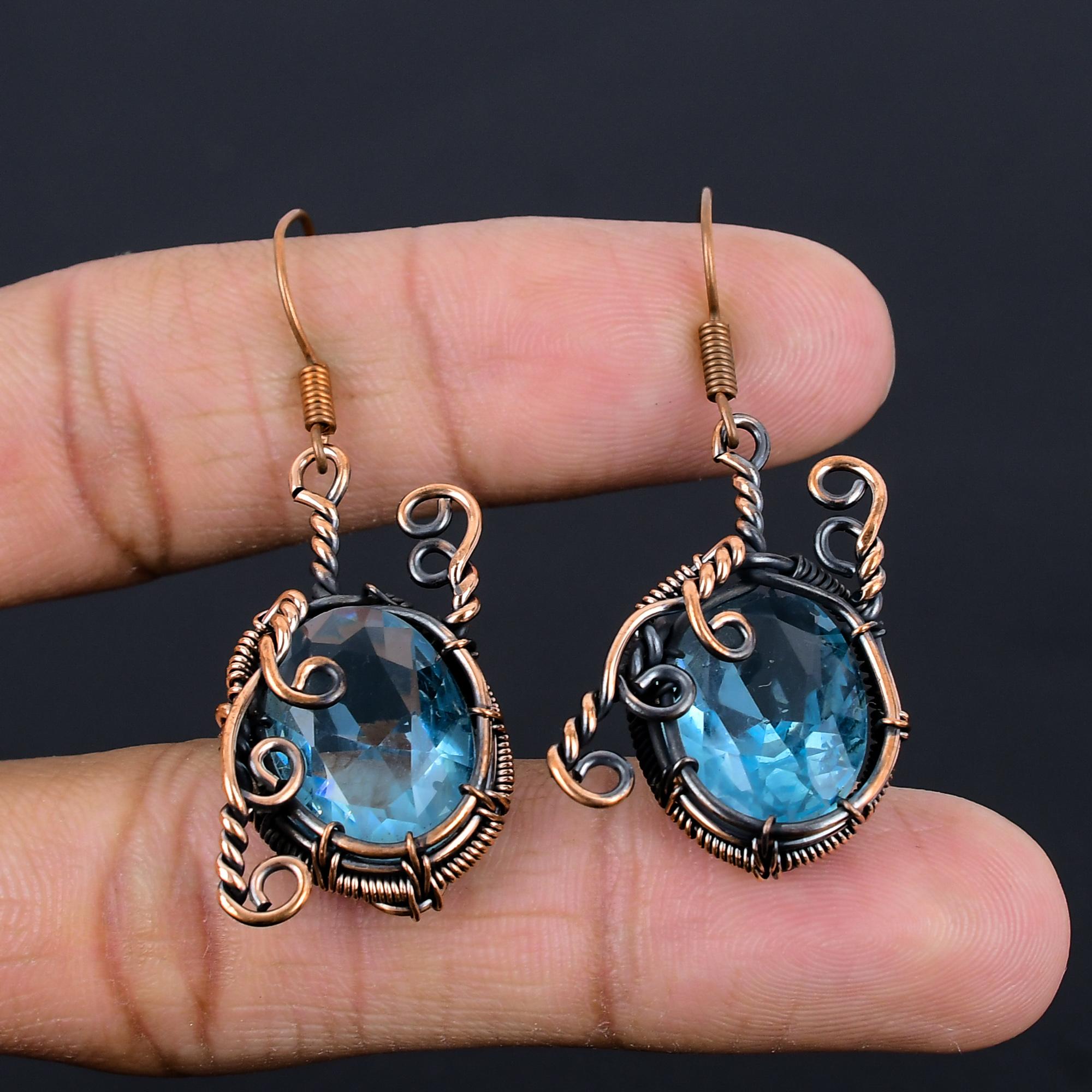 

Blue Topaz Earrings, 999 Copper Wire Wrapped Gemstone Jewelry, Handmade Earrings, For Thanksgiving 2.55 Inches