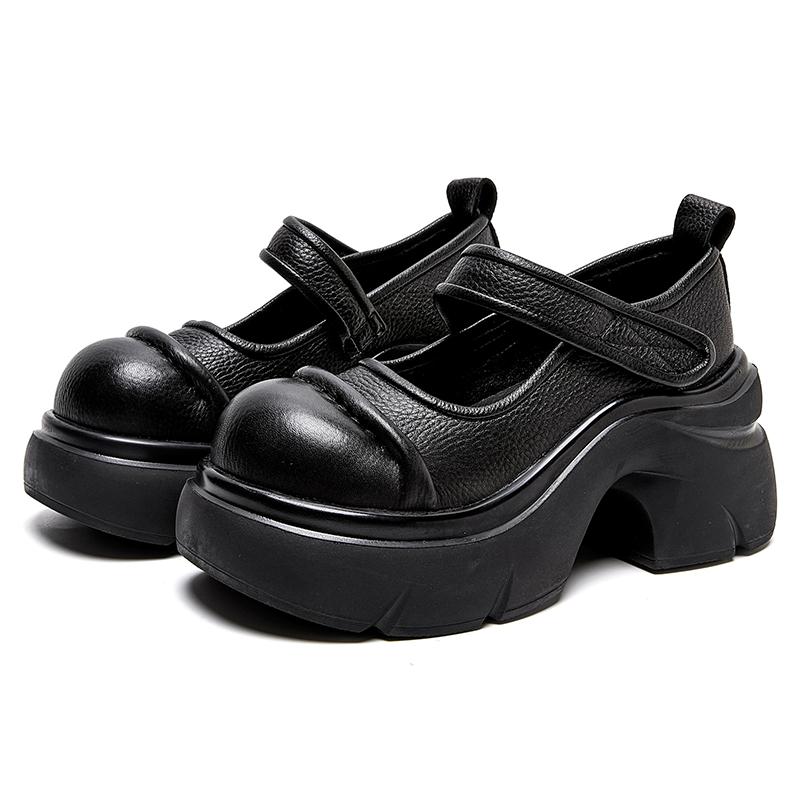 Fashion GKTINOO Retro Thick Soled Pumps Genuine Leather Wedges Shoes 2025 New Round Toe Versatile Women's Platform Shoes