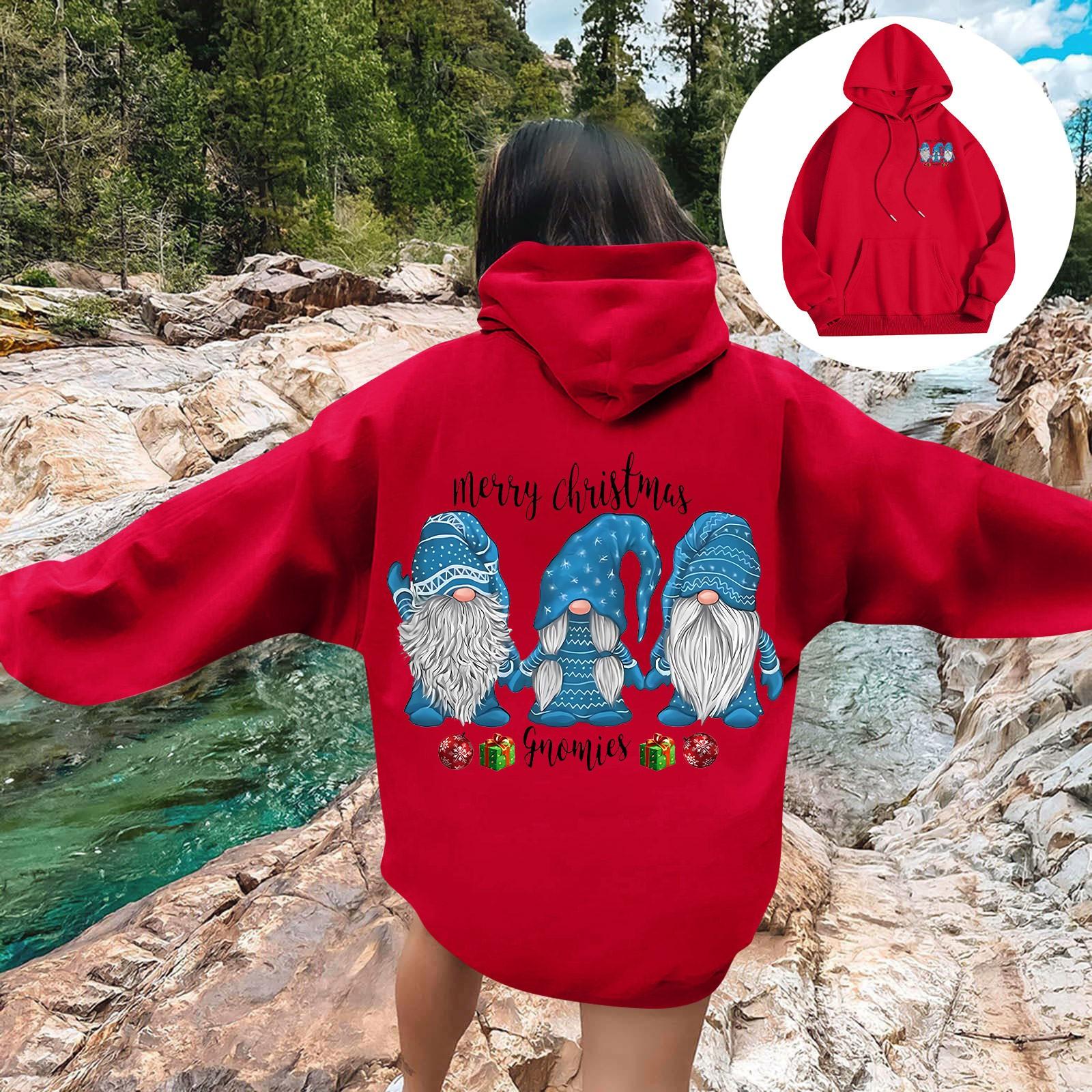 

Женская мода повседневный свободный рождественский мелкий принт топ с капюшоном на шнурке XXL красный