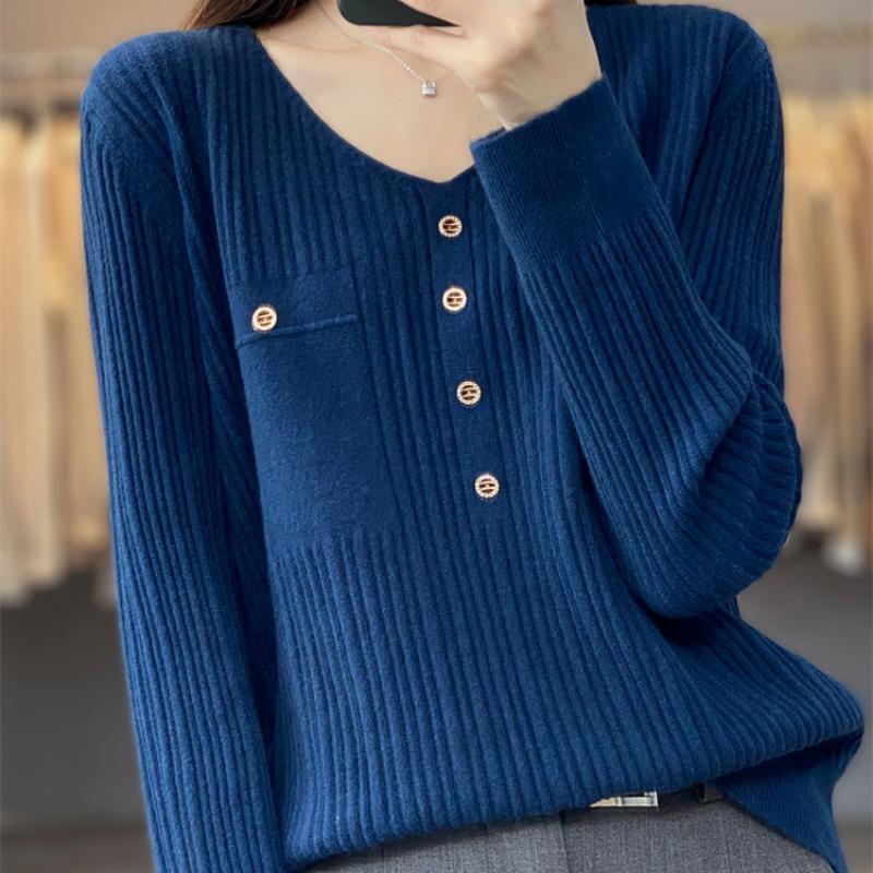 

IHUASU Шерстяная смесь весна и осень V-образный вырез вязаный свитер для женщин Outside The Wear свитер свободная тонкая блузка нижнее белье рубашка Tide XXL синий