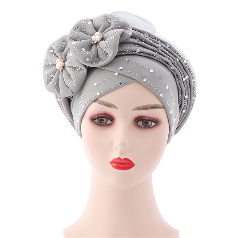 Head Wrap Turban Cap Beanie Flower Decor Rhinestone Headscarf Cap Hair Accessories
