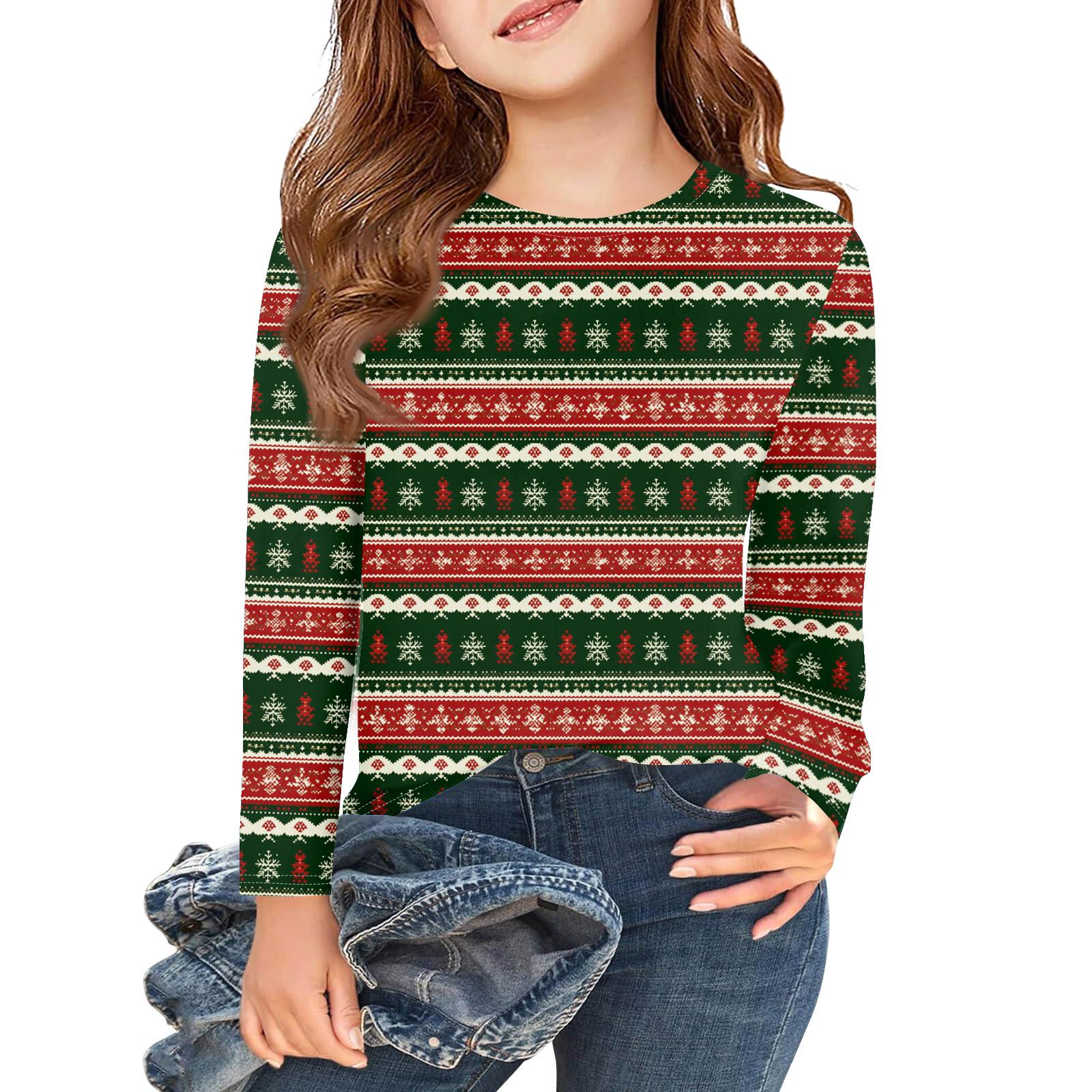 

Рождественские футболки с длинным рукавом для девочек, детские осенние топы с круглым вырезом и принтом, базовые футболки 160