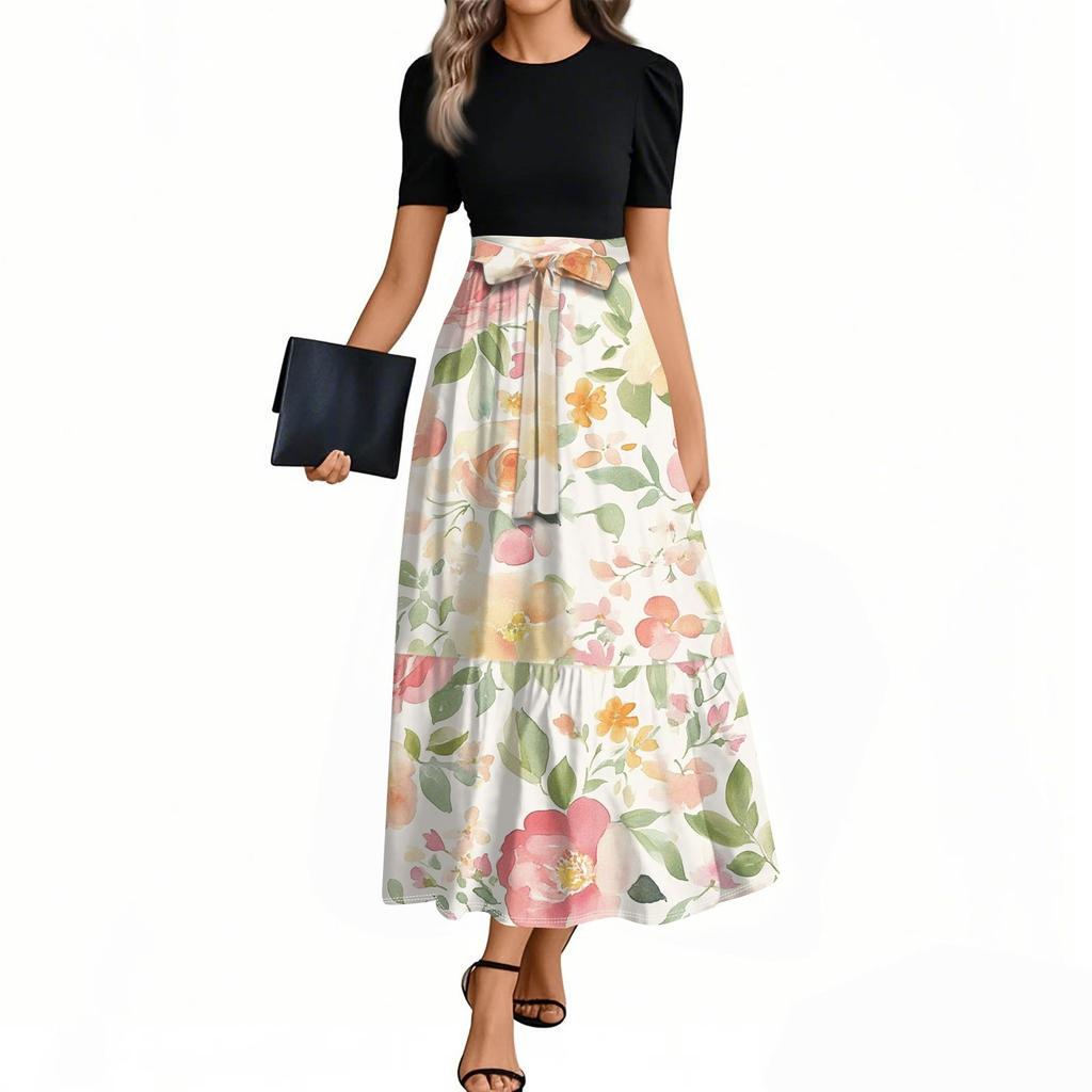 Women's Elegant Fashion Floral Print Belted Short Sleeve Round Neck Splicing Casual Dress