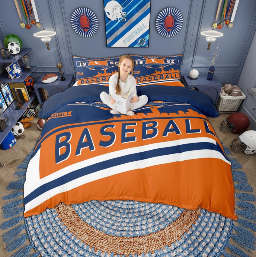 Homewish Baseball Duvet Cover Set Boys Sport Bedding Set American City Silhouette Bedroom Set Room Decor