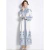 Spring Autumn Women Vintage Print Runway Dresses Single Breasted Long Maxi Party Belt Dress for Graduation