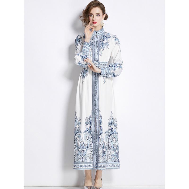 Spring Autumn Women Vintage Print Runway Dresses Single Breasted Long Maxi Party Belt Dress for Graduation