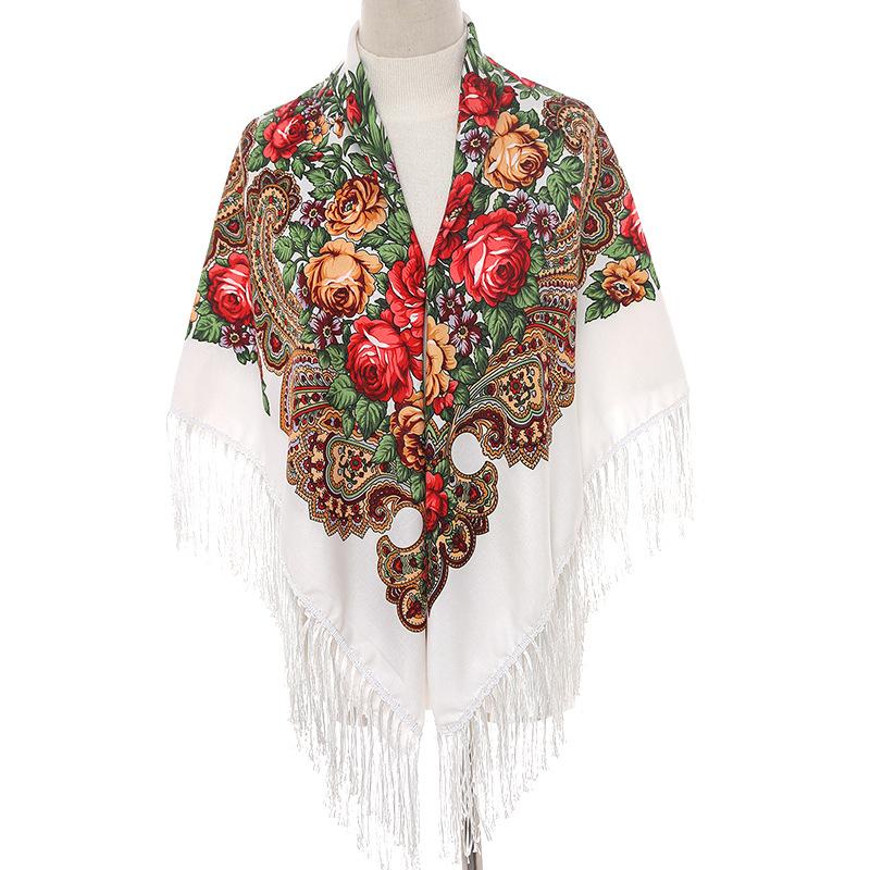 130*130Cm  National Square Scarves Women'S Luxury Peony Flower Print Fringed Shawl Handkerchief Cotton Head Wraps