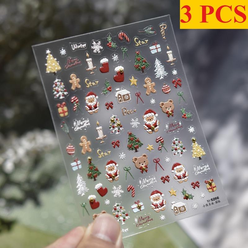 1/3pcs Christmas Nail Stickers Luxury Crystal Diamond Cartoon Tree Apple Back Glue Nail Art Stickers DIY 3D Nails Decorations