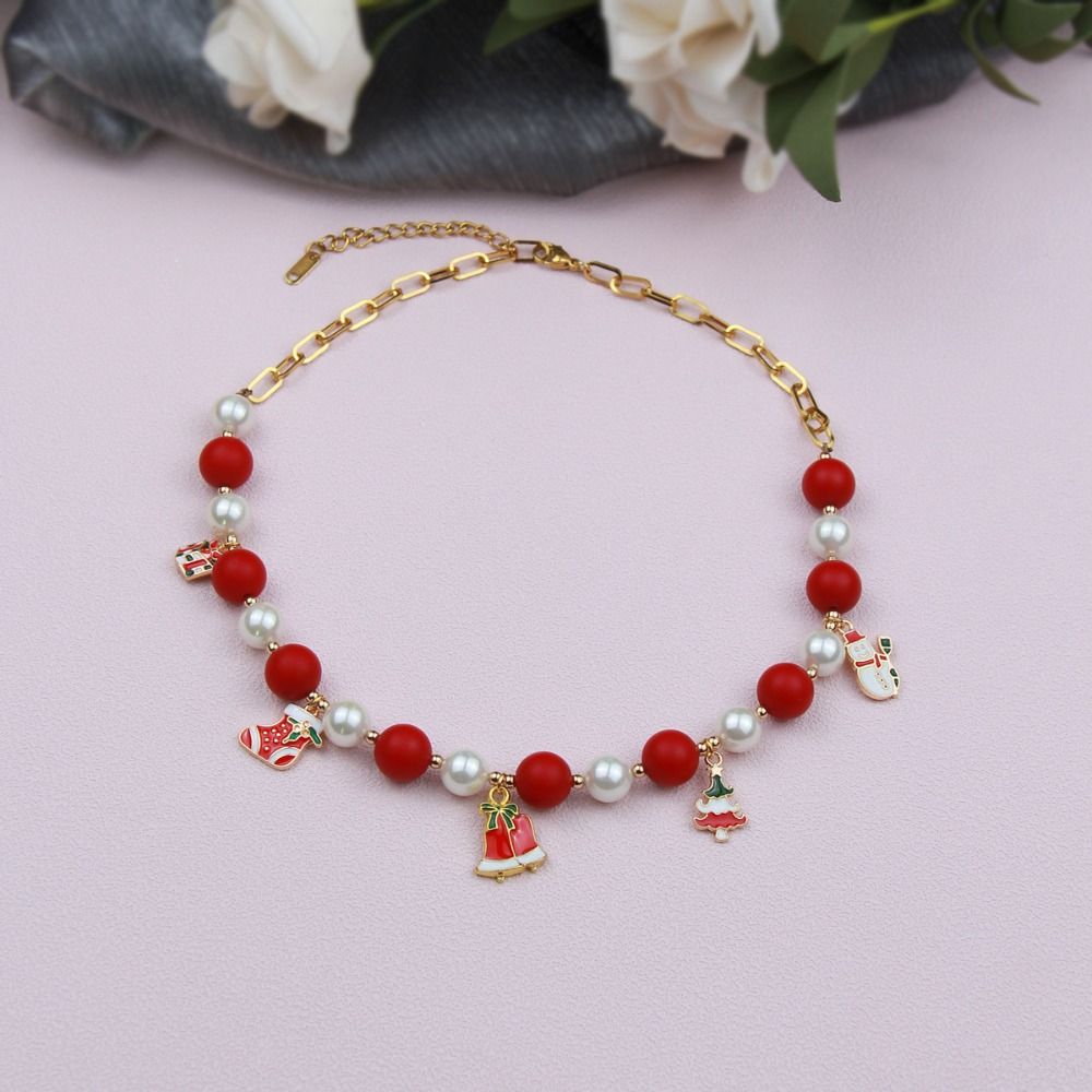 Cartoon Christmas Necklace Dripping Oil Cartoon Pendant Choker Sweet Pearl Chain  Decoration