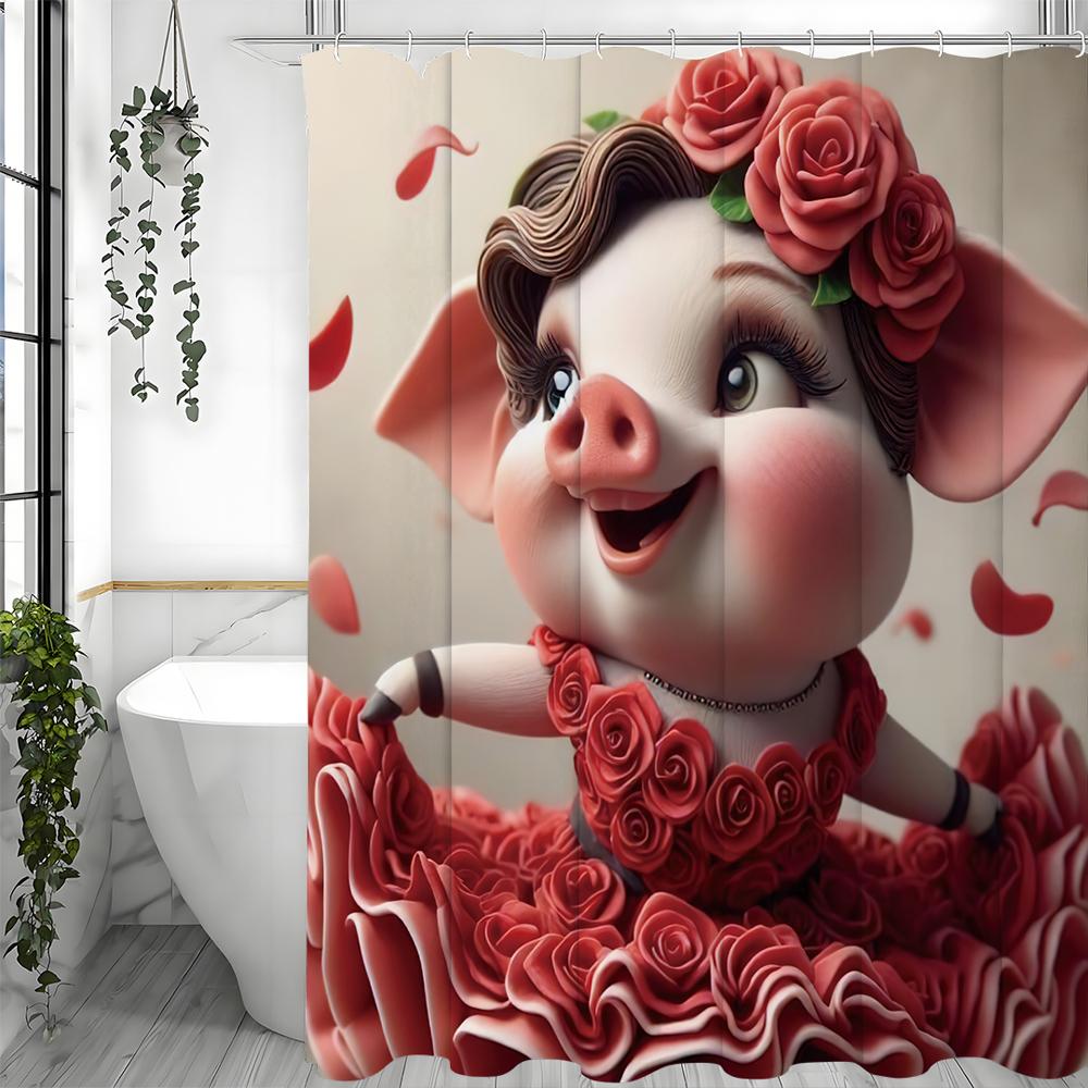 Cute Piggy Rose Dress Shower Curtain, Bathroom Decorative Shower Curtain, Waterproof Shower Curtain with Hooks