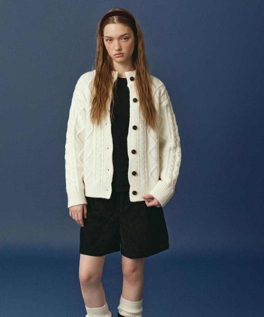 LOSSYROW Chunky Cable Knit Cardigan Ivory
