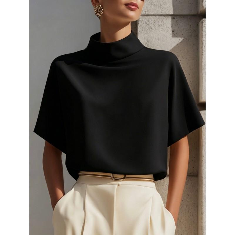 Womens Modern Chinese-Inspired Collarless Short Sleeve Blouse - Minimalist Office Wear Straight Cut Solid Color Small чёрный