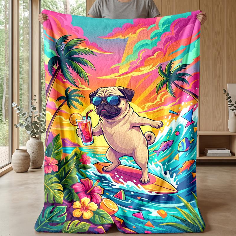 Pug Party In Paradise Theme Blanket Lightweight Warm Flannel Blanket Decorative Throw Blanket for Home Decoration
