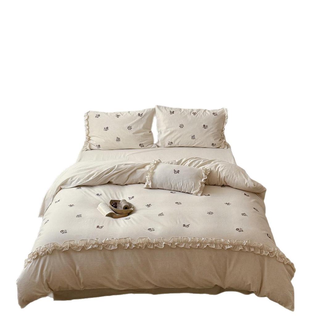 Spring/Summer Floral Embroidered Pure Cotton Linen 4-Piece Set - Soft, Skin-Friendly, 100% Cotton