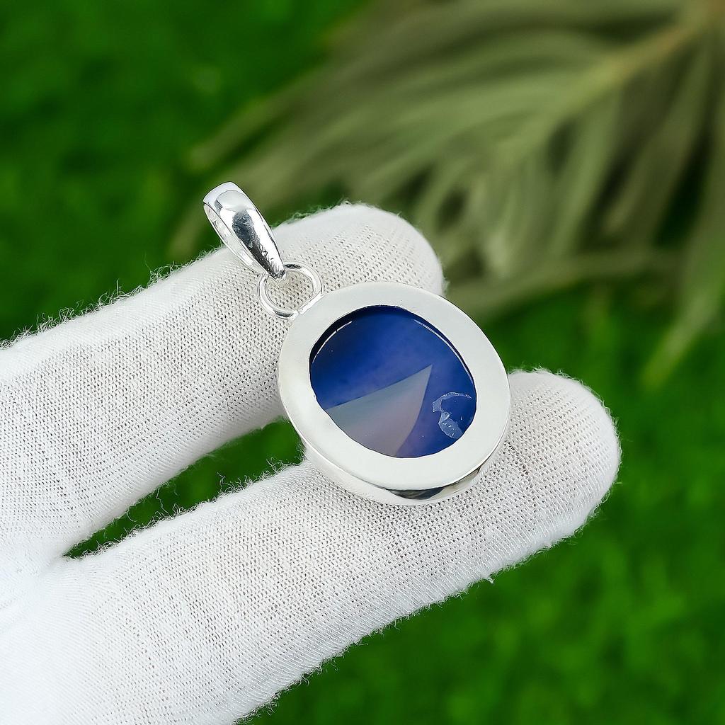 Blue Botswana Agate Gemstone 925 Sterling Silver Bezel Mother Birthday Pendant