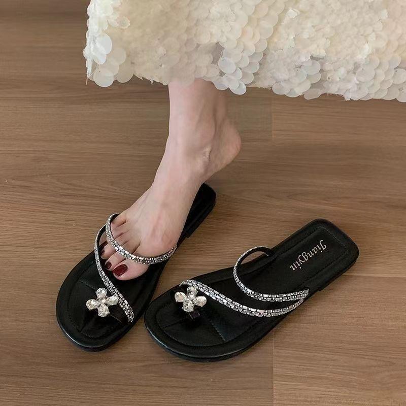 

Cool slippers women s casual new flat-bottomed beach rhinestone toe sandals outer wear 36-37 (one size smaller)
